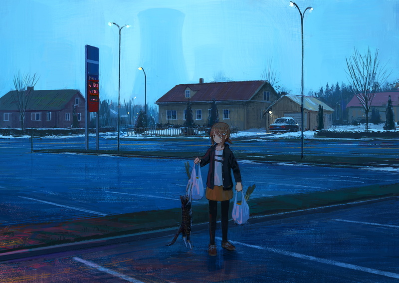 冬日超市里的猫咪与加油站 1080P动漫高清壁纸