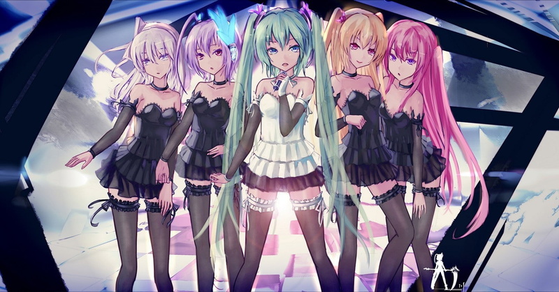 Vocaloid 同人壁纸，包含初音未来、巡音露卡等角色，绝对领域、过膝袜等元素，720P高清分辨率