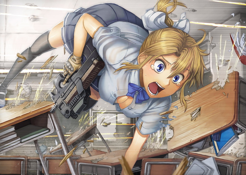穿校服的动漫少女持枪壁纸