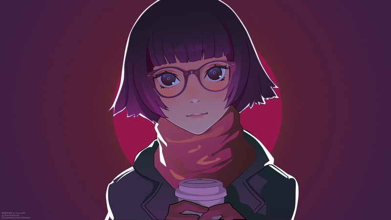 戴眼镜短发女生的暖色调治愈插画壁纸