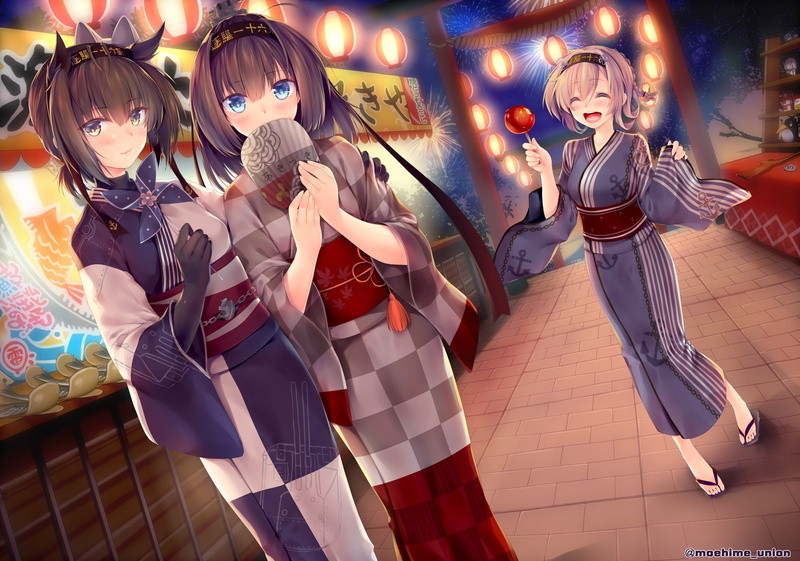 夏日祭典烟花夜 穿浴衣的动漫少女笑颜壁纸