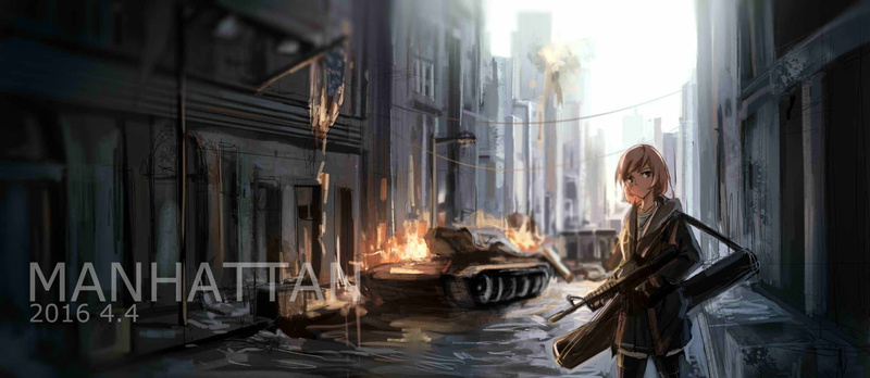 纽约街头的动漫少女与主战坦克壁纸