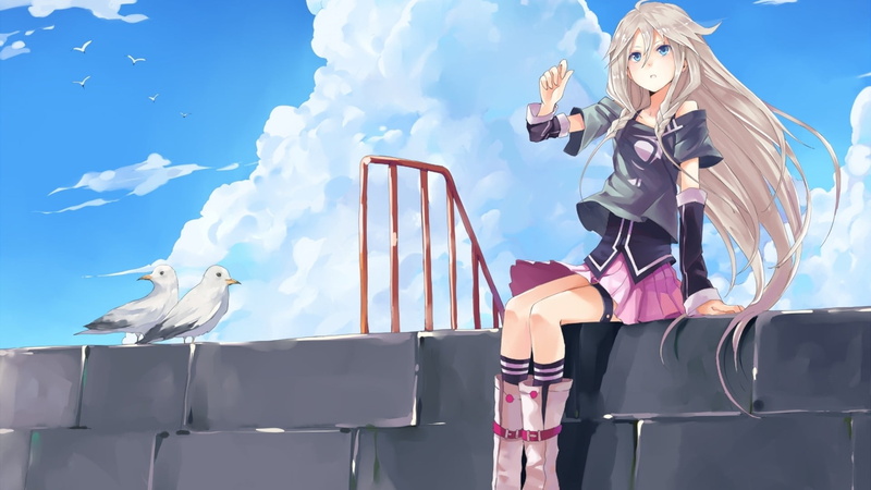 Vocaloid角色IA高清壁纸来啦！二次元少女站在户外木桌旁 鸽群绕着白云蓝天