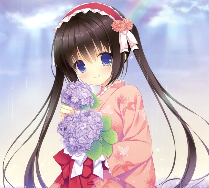 蓝眼棕发双马尾长发少女 穿和服戴花的笑颜壁纸 1080P高清彩虹画质