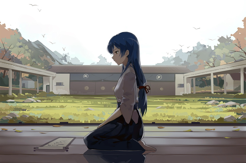 蹲跪的蓝发和服少女！LL学园偶像园田海未2K数字艺术壁纸