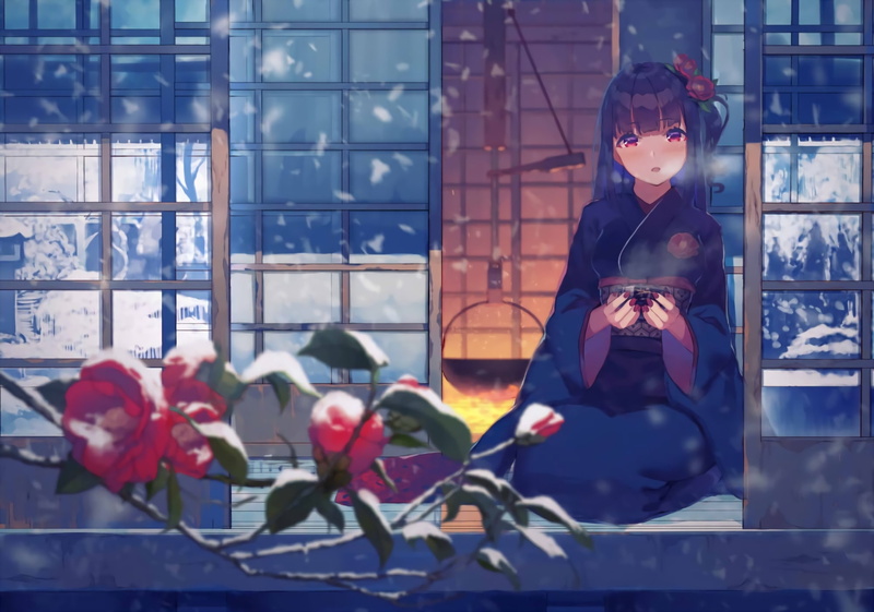 冬日庭院里的和服少女与热茶