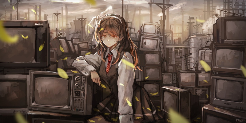 这张壁纸的主角是棕发棕眼的元气动漫少女