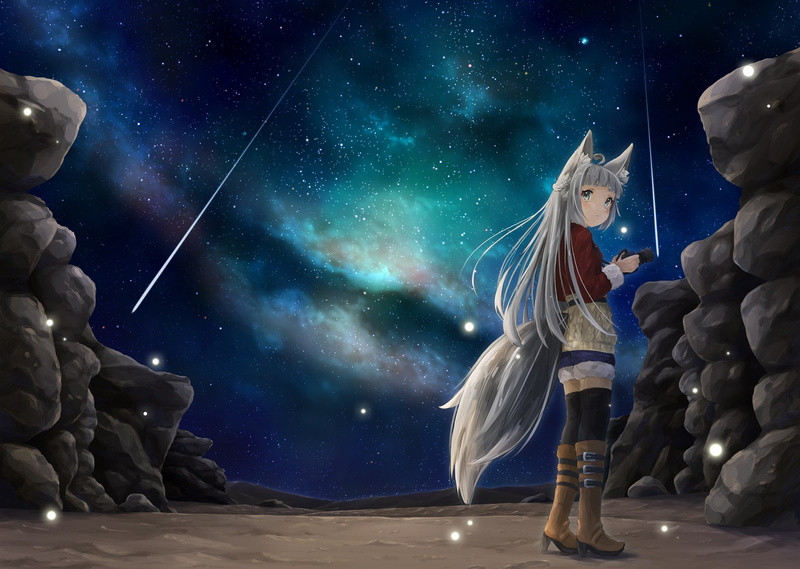 这套动漫星空壁纸太绝了！狐耳少女+流星夜景直接戳中审美