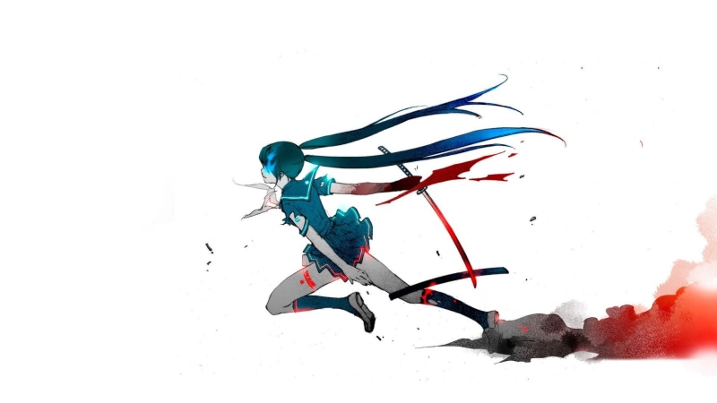 1080P动漫壁纸合集 蓝眸蓝发少女黑岩射手武士刀血痕纯白背景