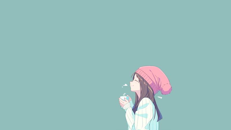 冬日冷调极简风咖啡主题二次元少女壁纸