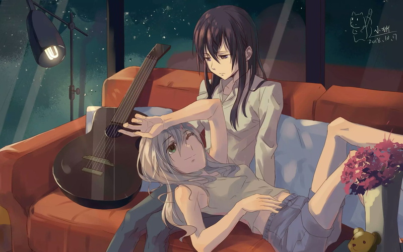 这部百合番壁纸太戳人！黑发长发紫眼美少女抱着吉他氛围感拉满