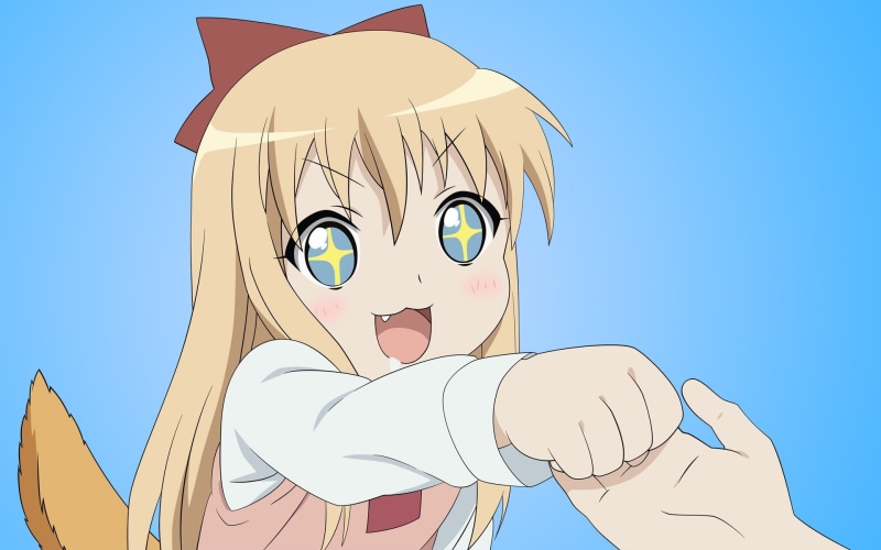 摇曳百合蓝背景壁纸！可爱少女元气满满张口笑