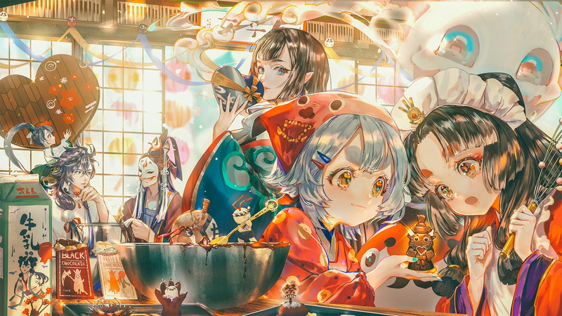 尖耳少女的情人节巧克力蛋糕插画壁纸