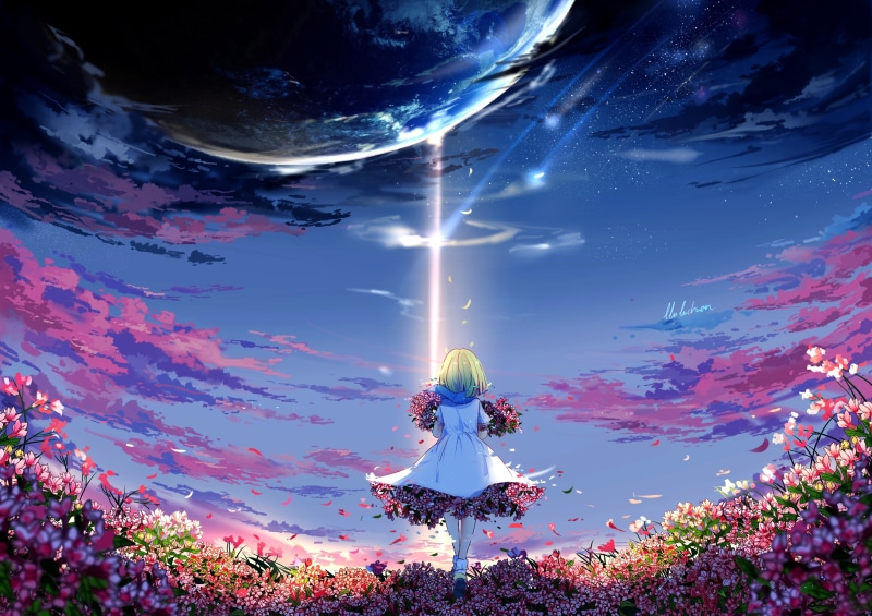 绝美氛围感动漫壁纸！绿发短发少女捧花远眺星空