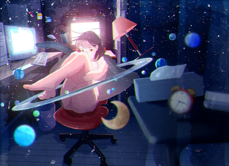 星空里的动漫少女！零重力下的暗物质氛围感壁纸