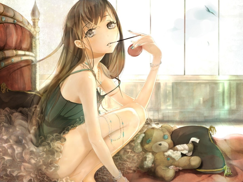 480P二次元少女壁纸合集 灰眼长发原创角色搭配泰迪熊超养眼