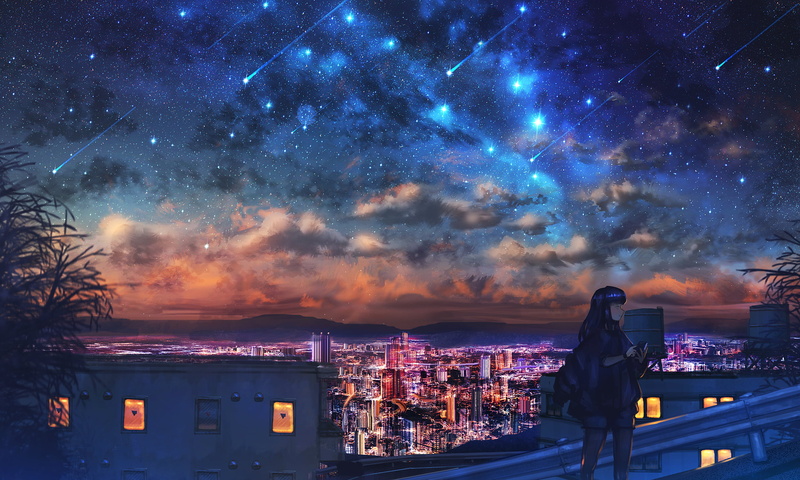 动漫风星空壁纸合集 少女流星城市主题