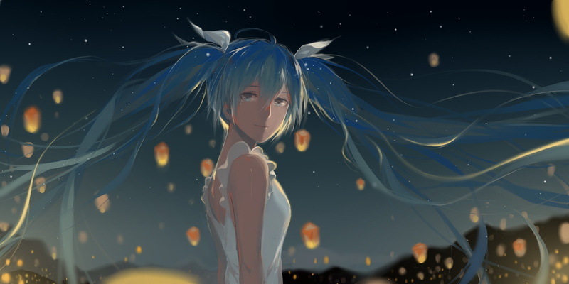 天灯下的蓝发双马尾初音未来 2K高清壁纸