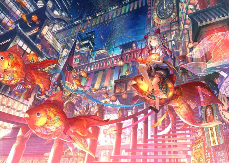 深夜日式幻想风壁纸！金发少女与游鱼的蒸汽朋克世界