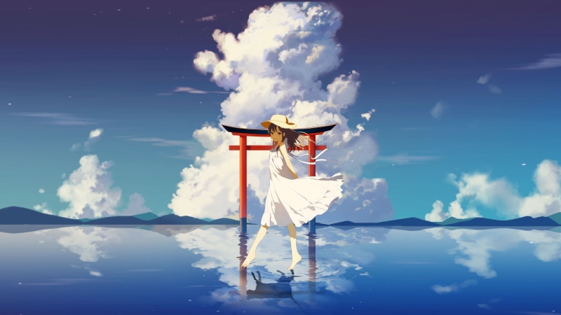 绝美二次元壁纸！赤脚少女白裙映在云影里的治愈画面