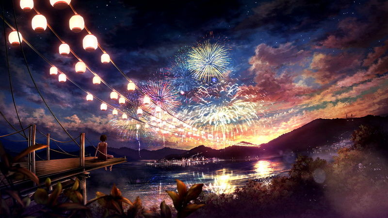 夜色里的灯笼与烟花，动漫少女氛围感壁纸