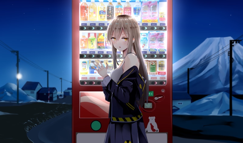 深夜自动贩卖机旁的动漫少女 5K壁纸