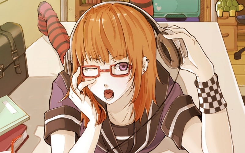眼镜橙发耳机少女壁纸