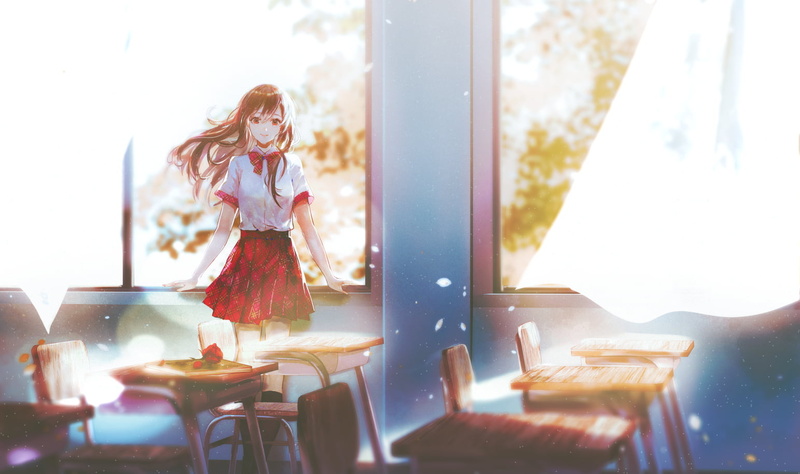 氛围感拉满！教室课桌前的棕发少女插画壁纸