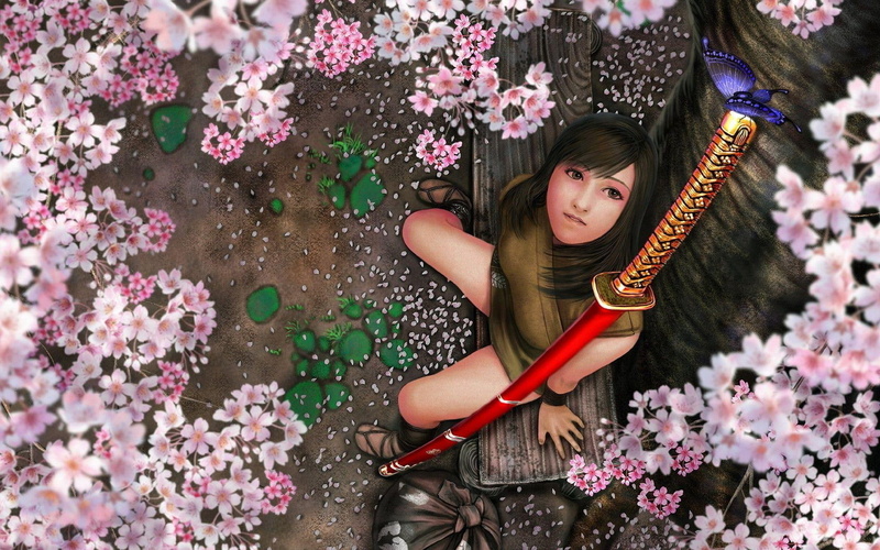 动漫风樱花树下持剑少女壁纸