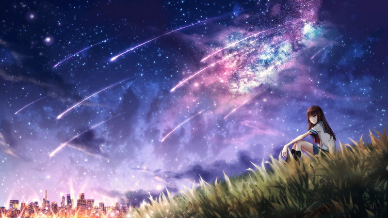 长发棕发少女 星空草地 原创动漫壁纸 1080P高清