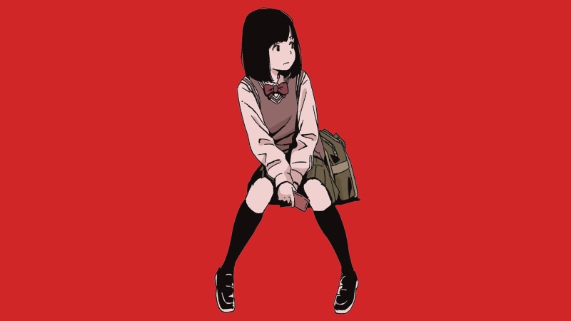 红色极简背景下的动漫少女壁纸分享