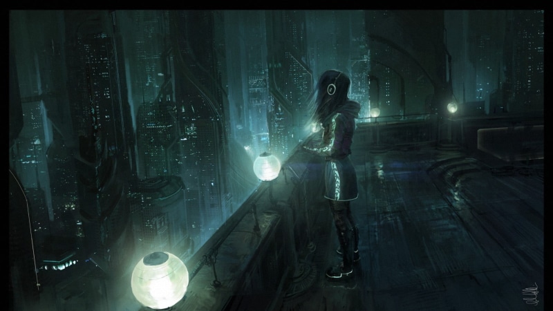 赛博夜城的二次元少女壁纸