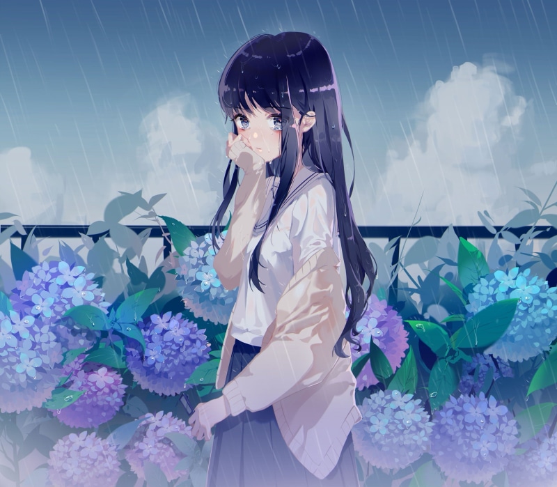雨中黑发少女与花的动漫壁纸