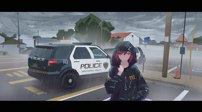 2K红发红眼动漫少女 FBI警车高清壁纸