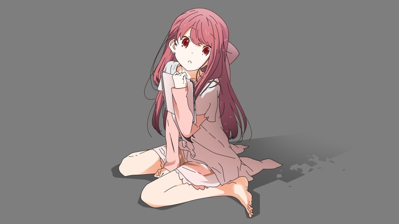 银发背景下的粉发红眸少女 避难所里的连衣裙裸足壁纸