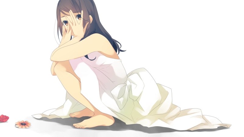 蹲姿赤脚黑发二次元少女壁纸