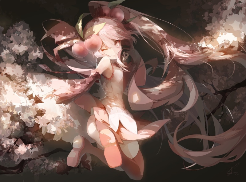 粉发双马尾樱初音！春日樱花下的绝美壁纸