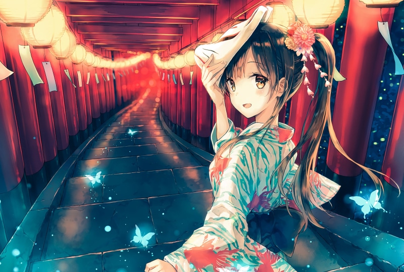 P站画师飞天笔下的戴面具黑发少女与奇幻灯笼壁纸合集