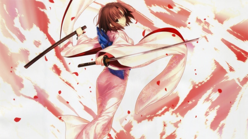 空之境界两仪式手机壁纸：穿和服的黑发少女持剑720P高清图