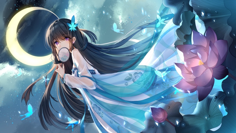 黑发长发动漫少女月夜壁纸 1080P高清