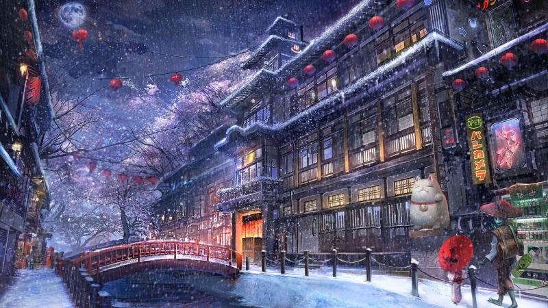 动漫雪景夜影壁纸 1080P高清