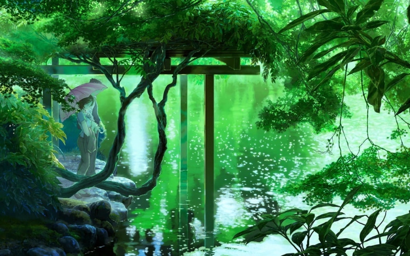 言叶之庭 伞 湖 动画 风景 绿植 720P高清壁纸
