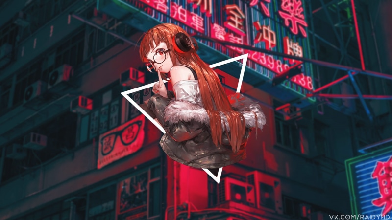 《P5女神异闻录霓虹风动漫少女壁纸 画中画1080P高清款》