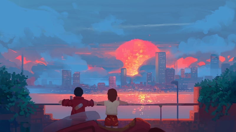 720P高清动漫壁纸 阿基拉摩托城市夕阳水景
