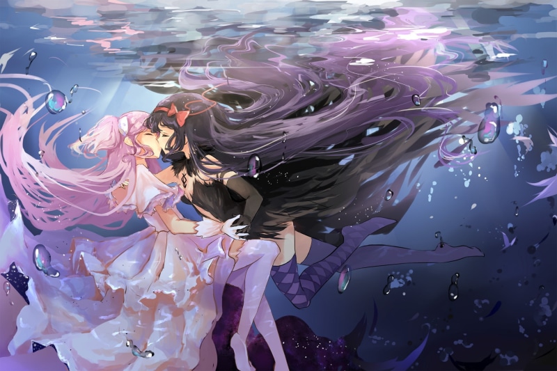 《魔法少女小圆真人同人壁纸！粉发少女与海边的yuri氛围感拉满》