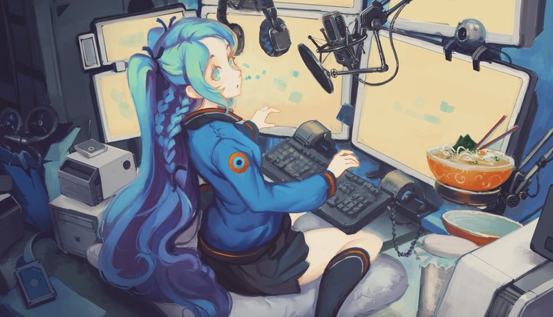 蓝发长眼动漫少女与美食键盘壁纸合集