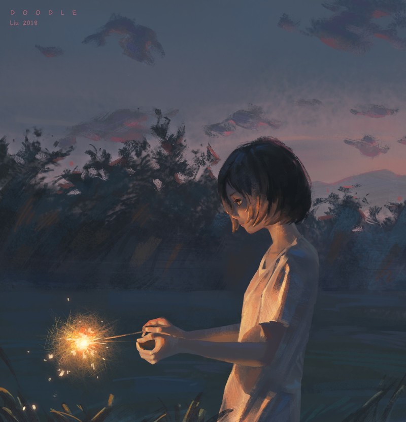 深夜黑发少女与烟花的绝美动漫壁纸