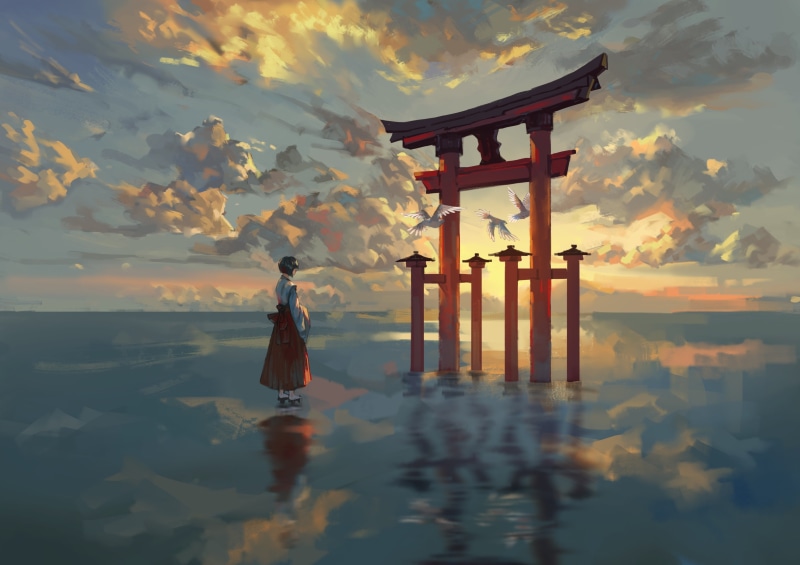 绝美二次元巫女日落海景壁纸