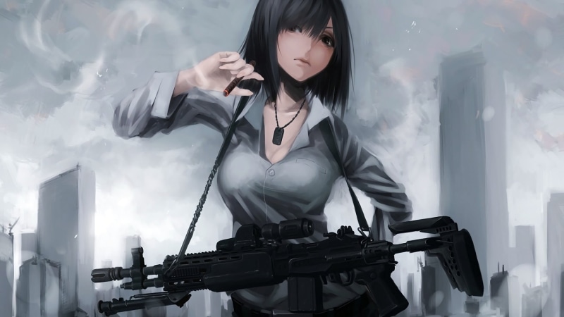 抽烟持枪的二次元少女半身壁纸