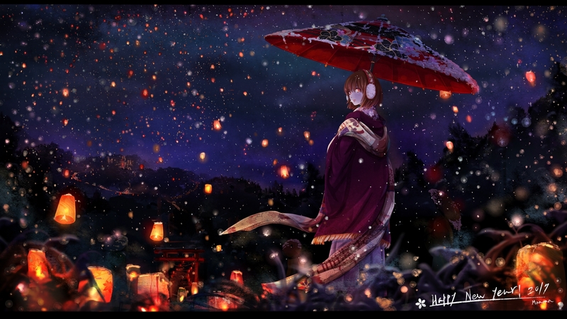 灯笼伞和风少女壁纸